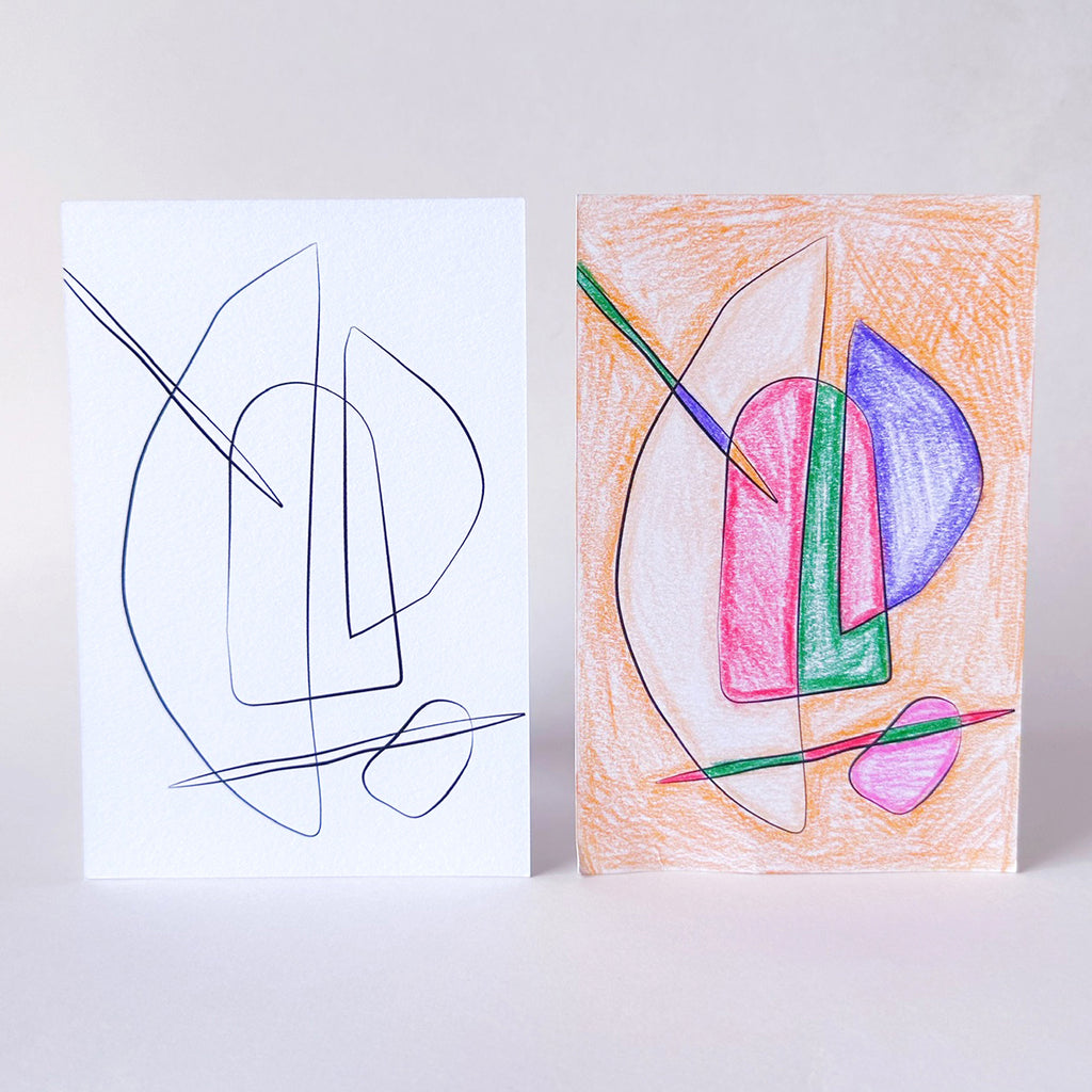 Before and after of shapes and line art color-in postcards
