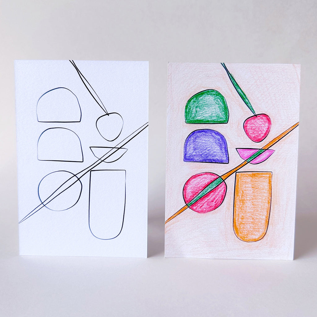 Before and after of geometric art color-in postcards