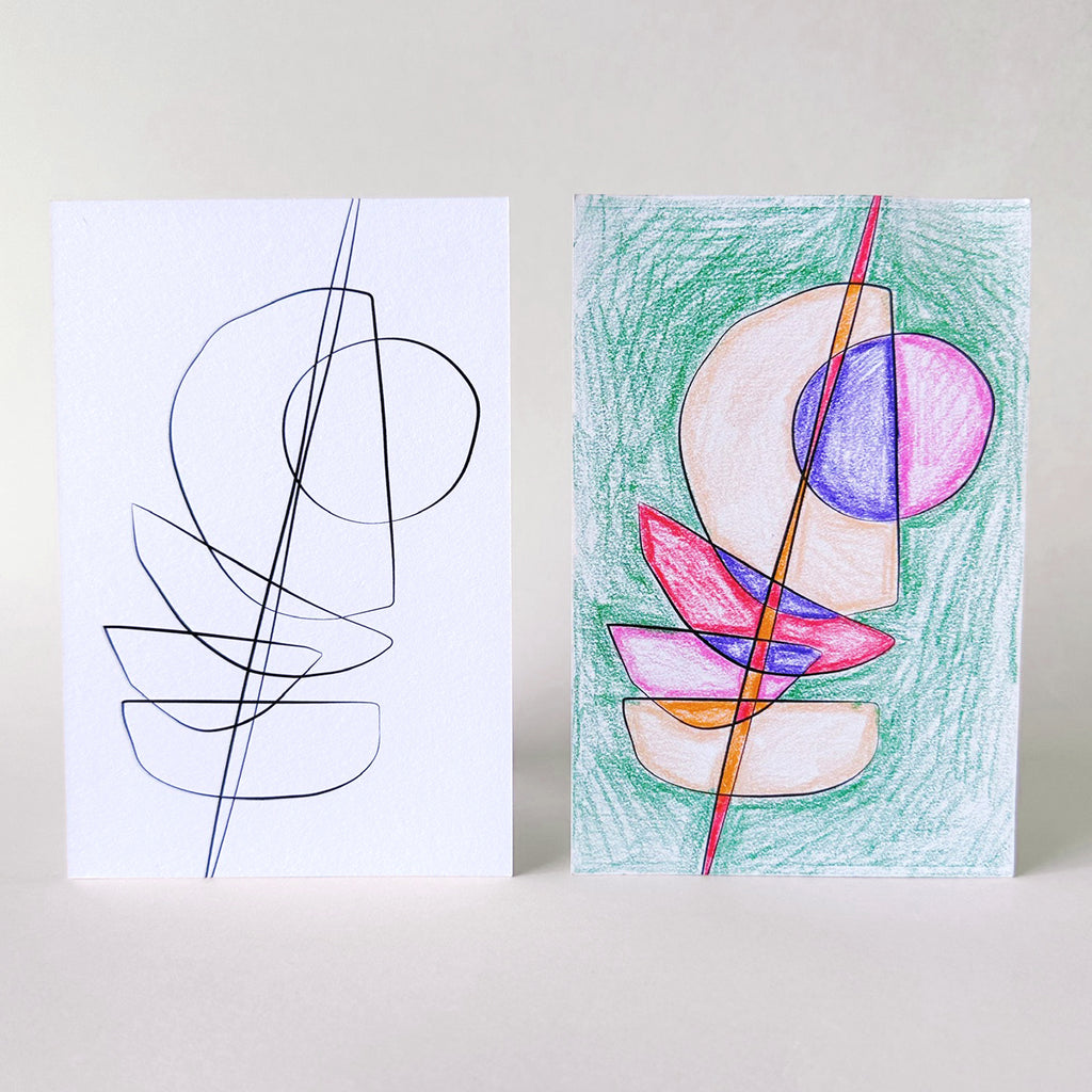 Before and after of abstract art color-in postcards