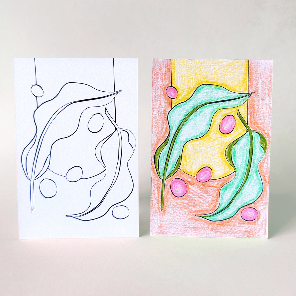 Before and after of plant color-in postcards