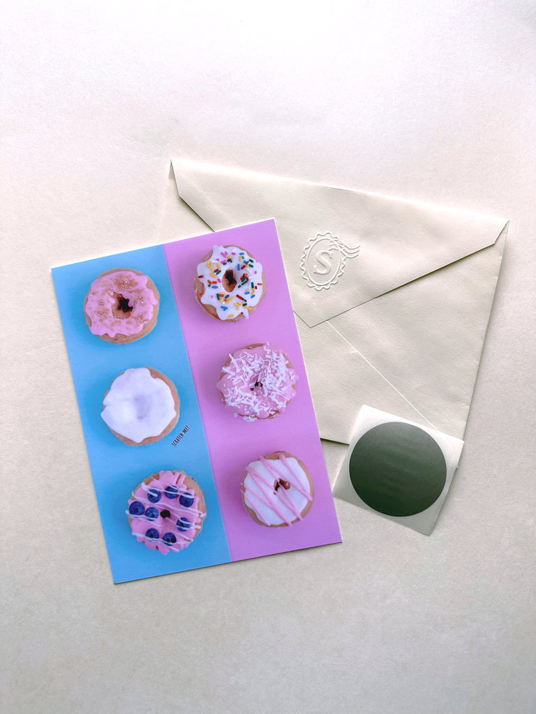 Donut party scratch-off notecard with envelope and scratch-off sticker included